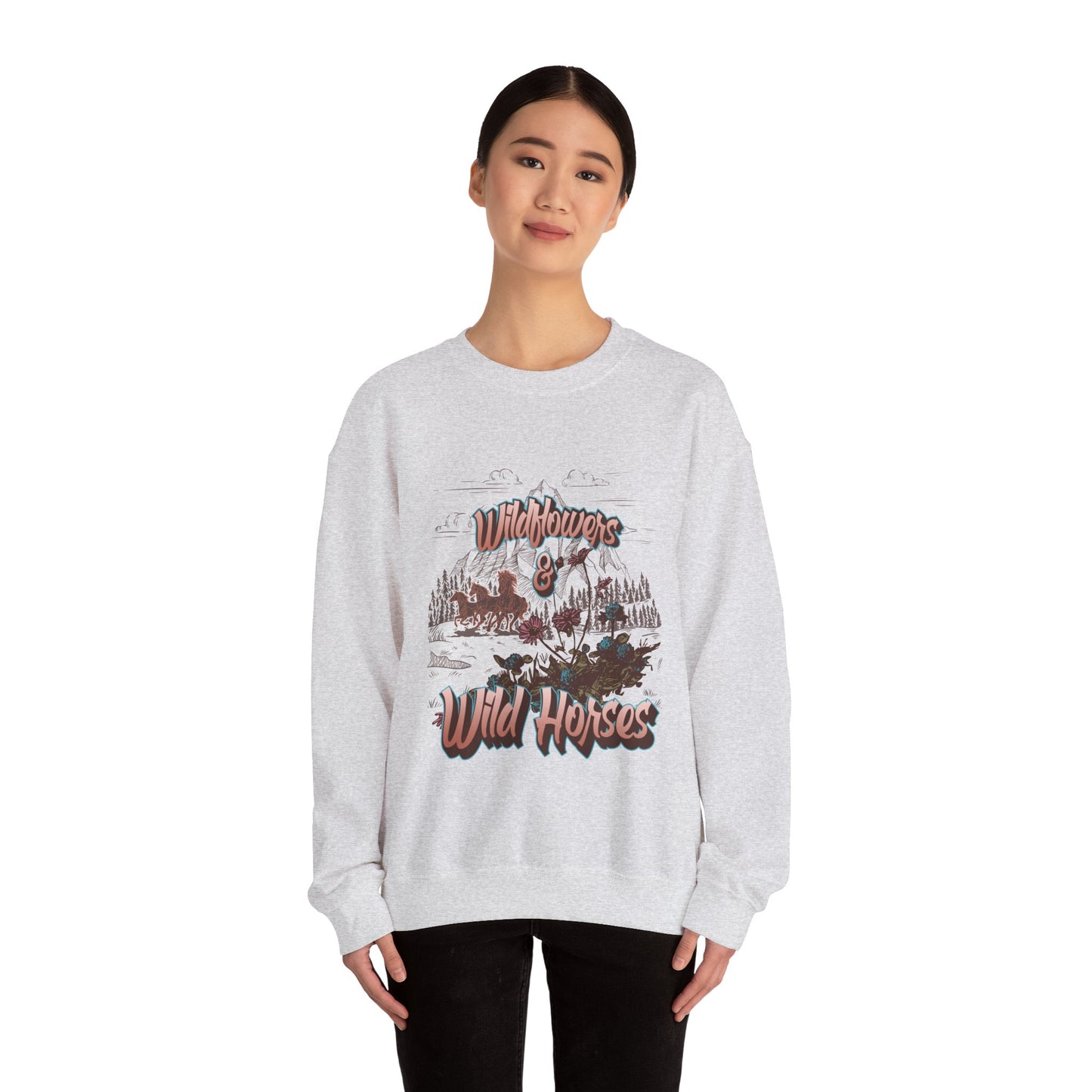 Wildflowers & Wild Horses Sweatshirt, Cozy Crewneck, Unisex Pullover, Nature Lovers Gift, Casual Fall Wear, Outdoor Adventure Apparel