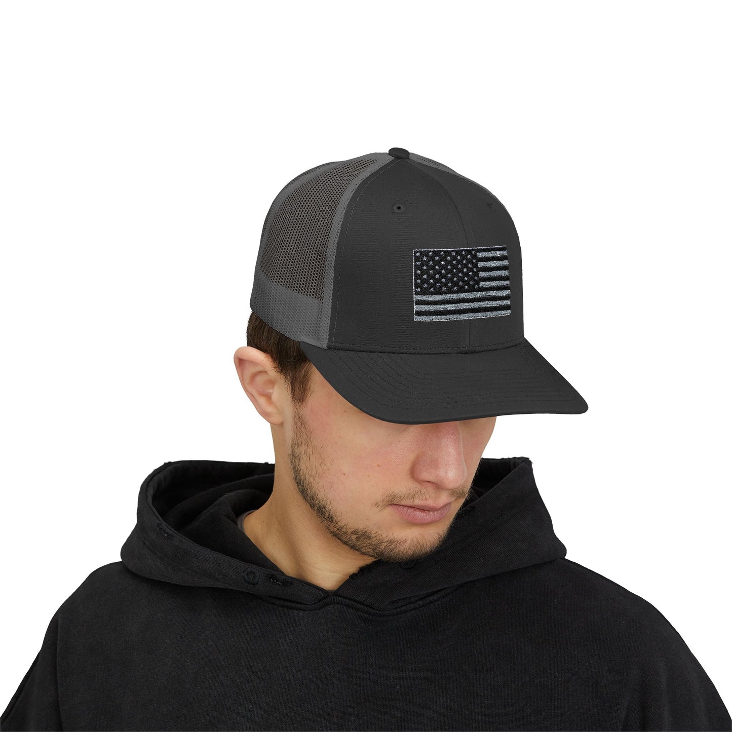 Patriotic Snapback Trucker Cap with American Flag Design