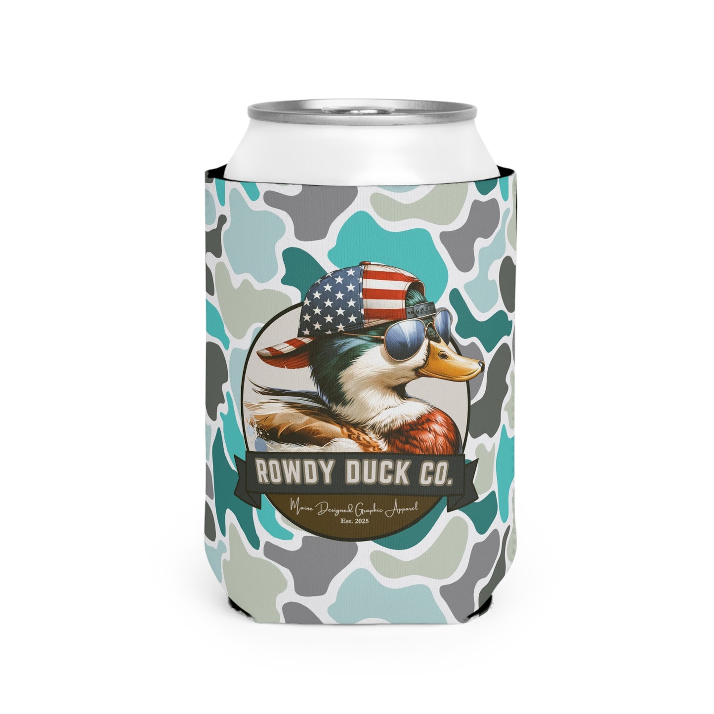 Stylish Turqoise Camo Can Cooler Sleeve - Perfect for Parties and Outdoor Fun!