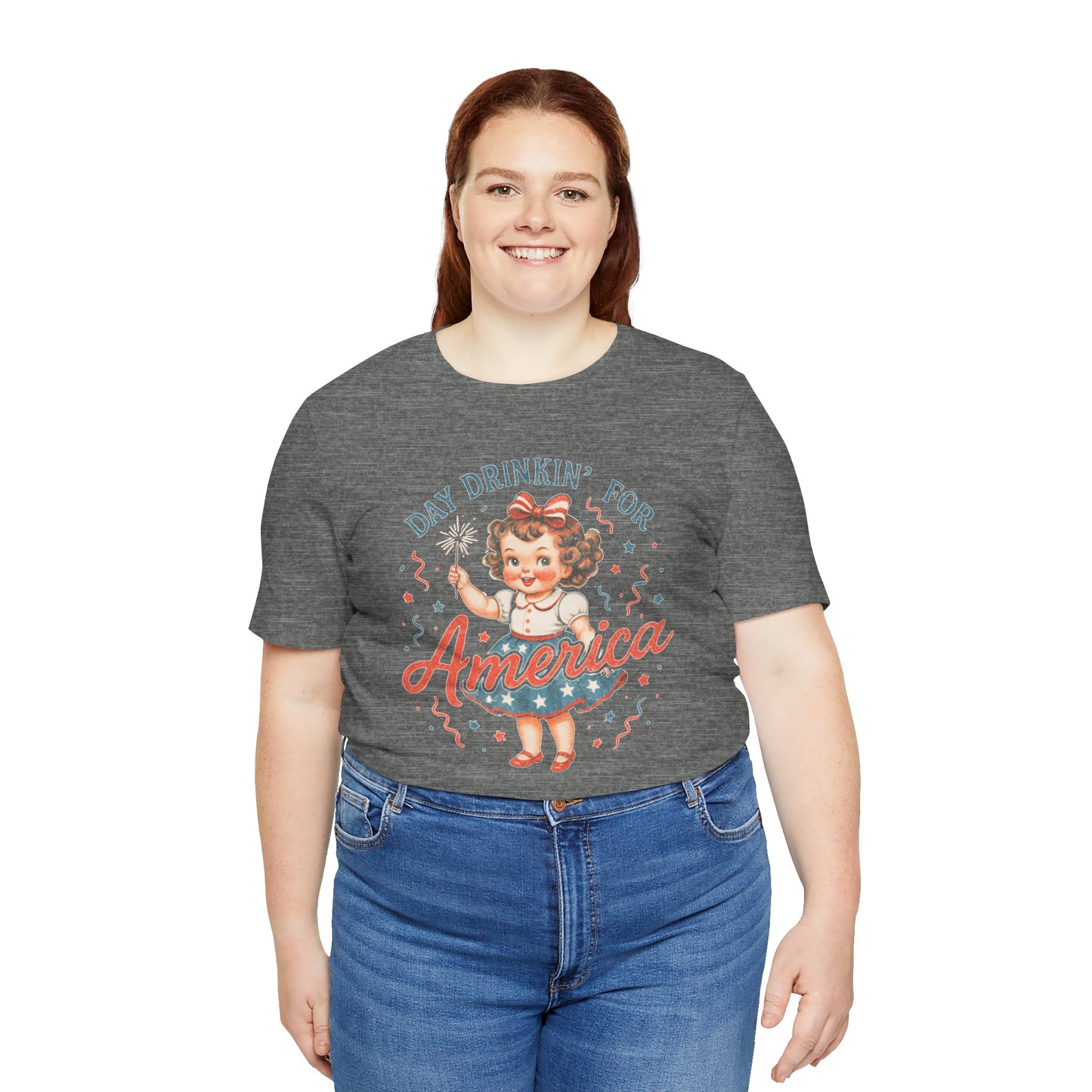 Day Drinkin' for America Unisex Tee, Fun Summer Shirt, Patriotic T-Shirt, Fourth of July Apparel, Gift for BBQ Lovers, Casual Weekend Wear