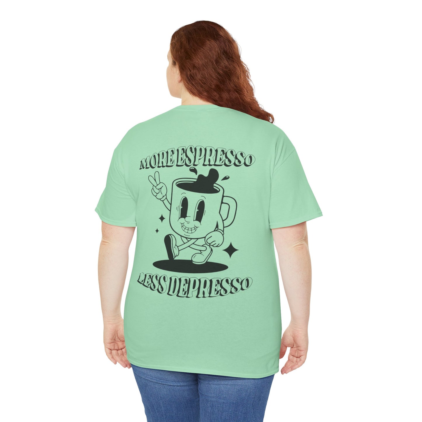 More Espresso Less Depresso Tee | Unisex Heavy Cotton Shirt | Funny Coffee Lover Gift | Casual Wear | Great for Birthdays & Relaxation