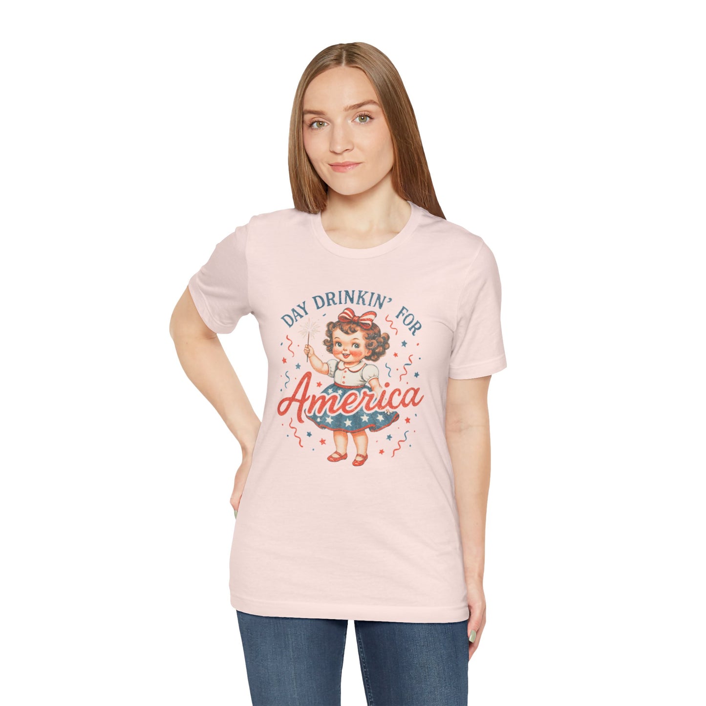 Day Drinkin' for America Unisex Tee, Fun Summer Shirt, Patriotic T-Shirt, Fourth of July Apparel, Gift for BBQ Lovers, Casual Weekend Wear