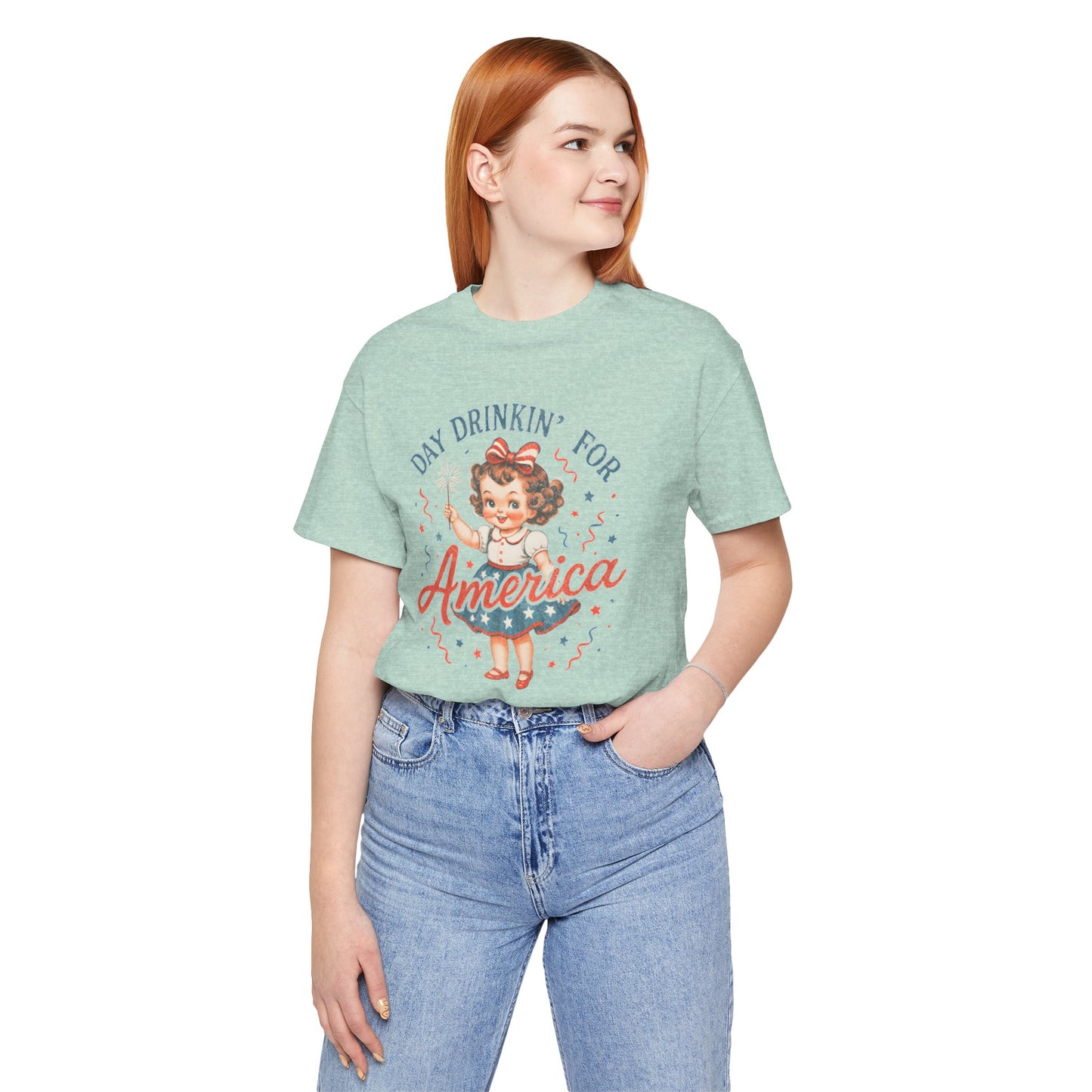 Day Drinkin' for America Unisex Tee, Fun Summer Shirt, Patriotic T-Shirt, Fourth of July Apparel, Gift for BBQ Lovers, Casual Weekend Wear