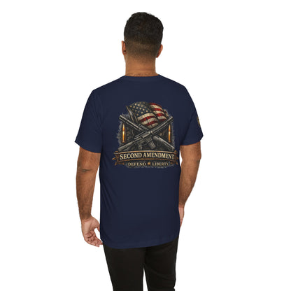 Second Amendment T-Shirt – Defend Liberty Flag & Rifles Graphic Tee