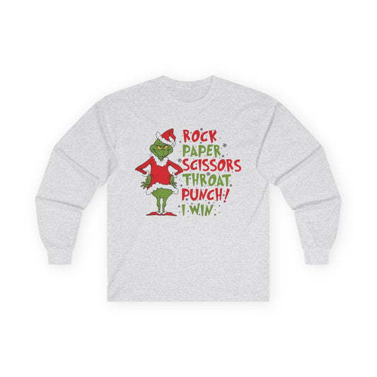 Playful Grinch Long Sleeve Tee | Rock, Paper, Scissors, Throat Punch!