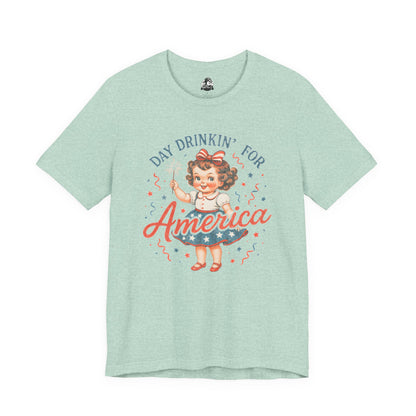 Day Drinkin' for America Unisex Tee, Fun Summer Shirt, Patriotic T-Shirt, Fourth of July Apparel, Gift for BBQ Lovers, Casual Weekend Wear