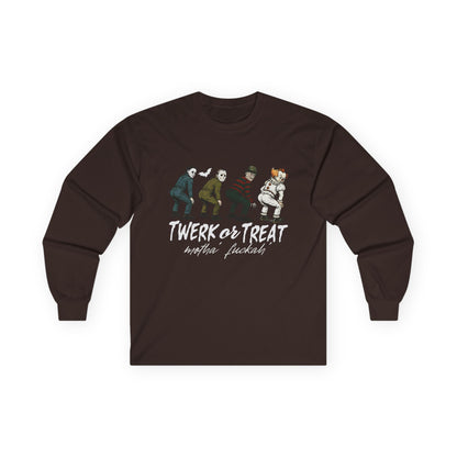 Halloween Themed Unisex Long Sleeve Tee - "Twerk Or Treat Motha' Fuckah'" Horror Movie Theme