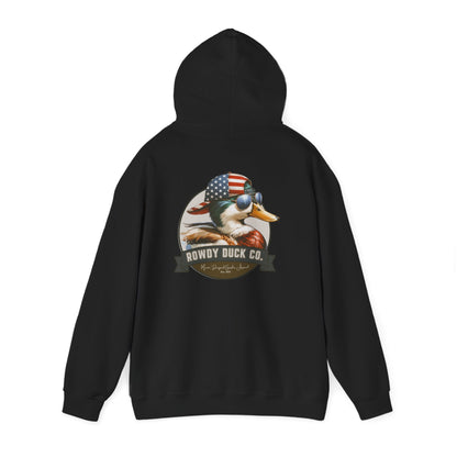 Rowdy Duck Co. Patriotic Duck Hoodie – American Flag Bandana Retro Graphic Hooded Sweatshirt