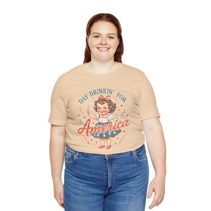 Day Drinkin' for America Unisex Tee, Fun Summer Shirt, Patriotic T-Shirt, Fourth of July Apparel, Gift for BBQ Lovers, Casual Weekend Wear