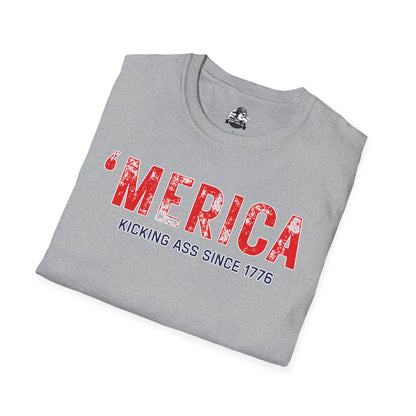 'Merica Kicking Ass T-Shirt | Unisex Softstyle Tee for Patriotic Celebrations, 4th of July, Casual Wear, Gifts, Team Spirit
