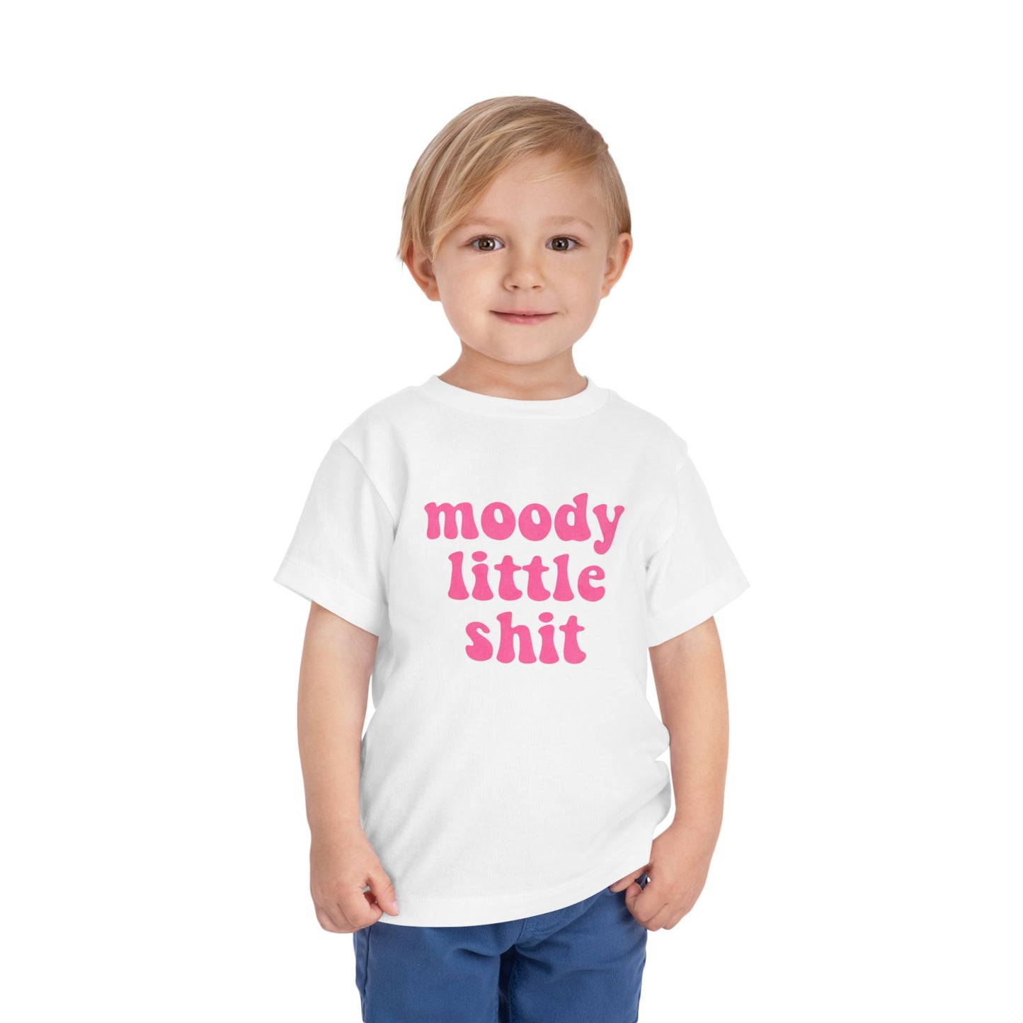 Toddler Tee — "moody little shit" Pink Retro Font
