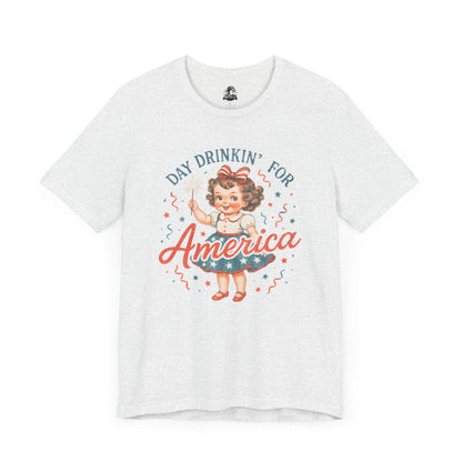 Day Drinkin' for America Unisex Tee, Fun Summer Shirt, Patriotic T-Shirt, Fourth of July Apparel, Gift for BBQ Lovers, Casual Weekend Wear