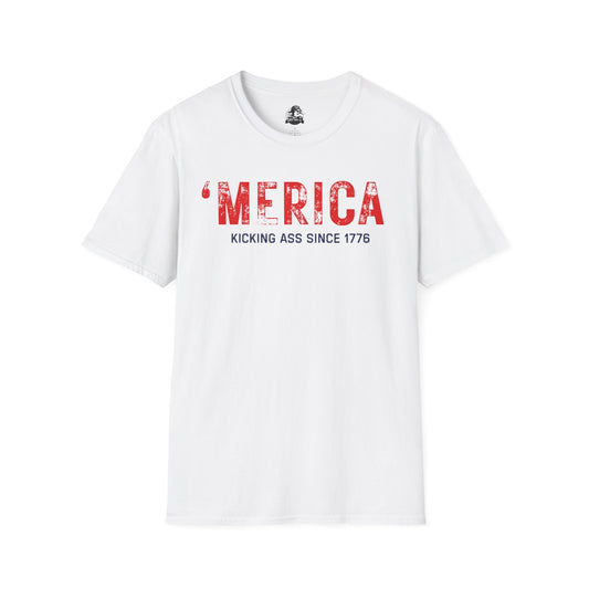'Merica Kicking Ass T-Shirt | Unisex Softstyle Tee for Patriotic Celebrations, 4th of July, Casual Wear, Gifts, Team Spirit