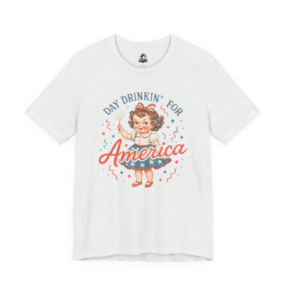 Day Drinkin' for America Unisex Tee, Fun Summer Shirt, Patriotic T-Shirt, Fourth of July Apparel, Gift for BBQ Lovers, Casual Weekend Wear