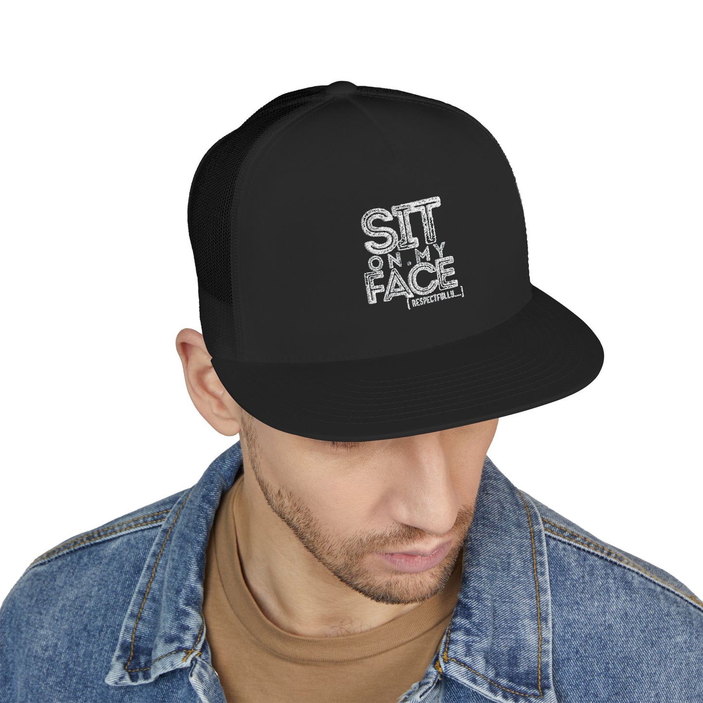 Funny Embroidered 5 Panel Flat Bill Trucker Cap - 'Sit On My Face'
