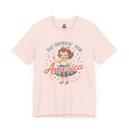Day Drinkin' for America Unisex Tee, Fun Summer Shirt, Patriotic T-Shirt, Fourth of July Apparel, Gift for BBQ Lovers, Casual Weekend Wear