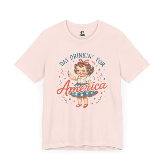 Day Drinkin' for America Unisex Tee, Fun Summer Shirt, Patriotic T-Shirt, Fourth of July Apparel, Gift for BBQ Lovers, Casual Weekend Wear