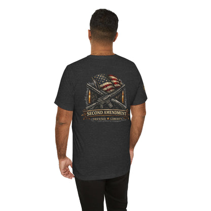 Second Amendment T-Shirt – Defend Liberty Flag & Rifles Graphic Tee
