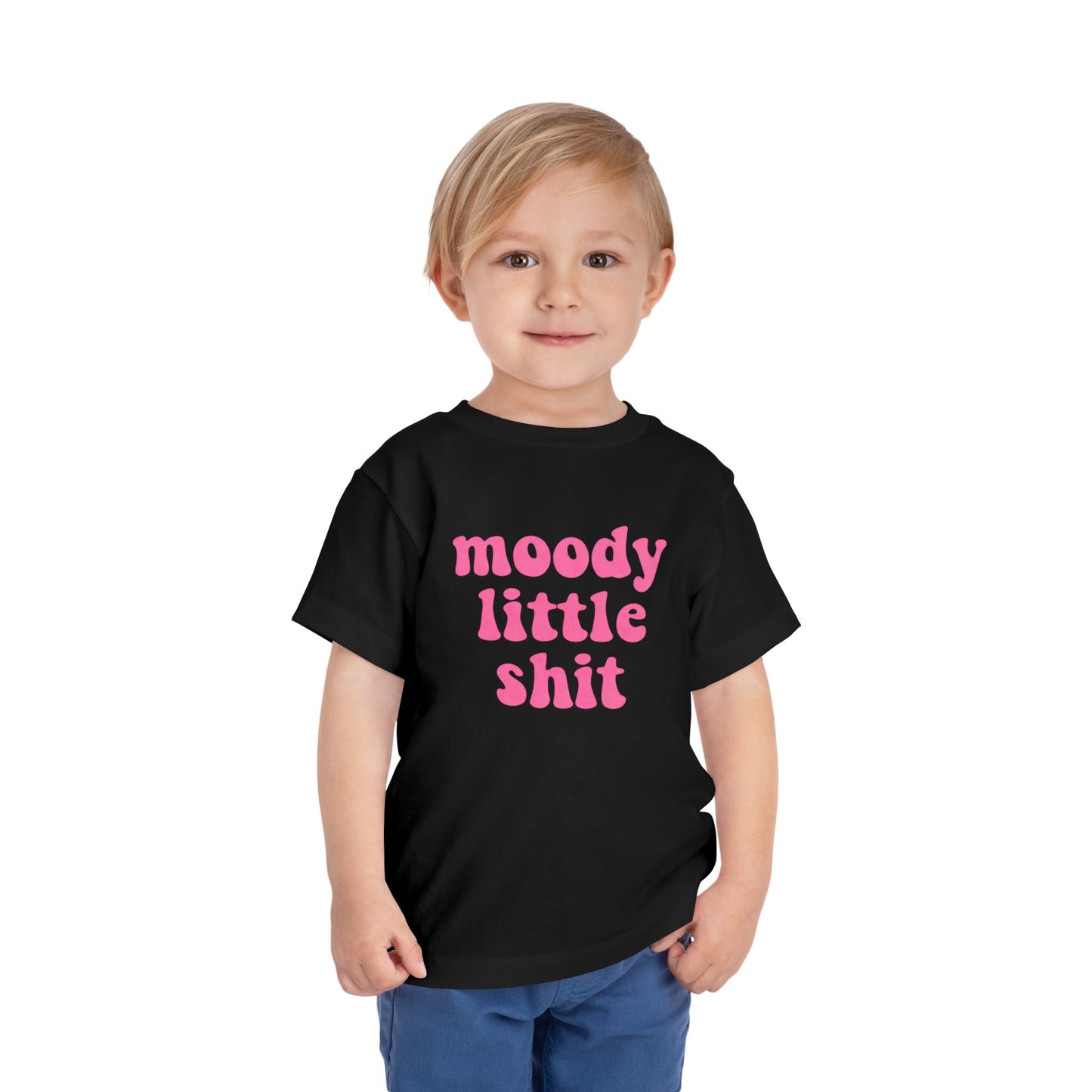 Toddler Tee — "moody little shit" Pink Retro Font
