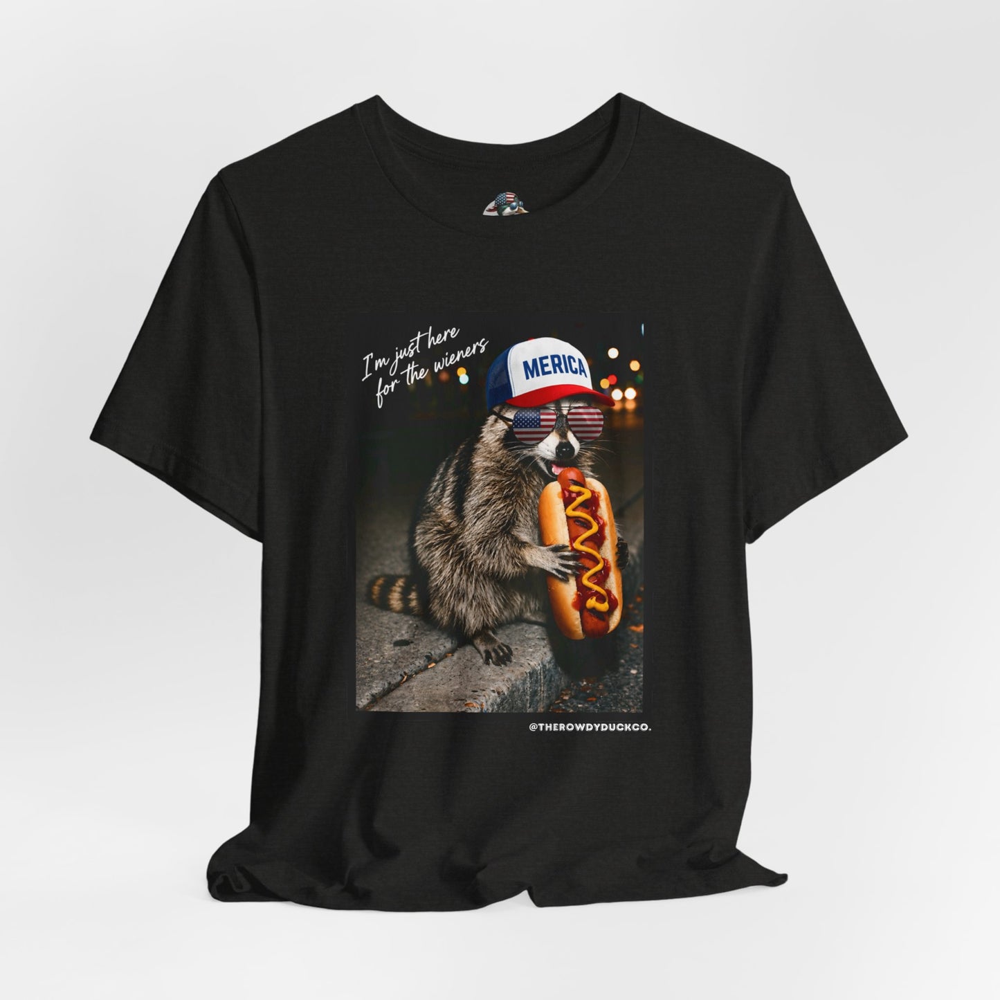 I’m just here for the wieners adult raccoon tee