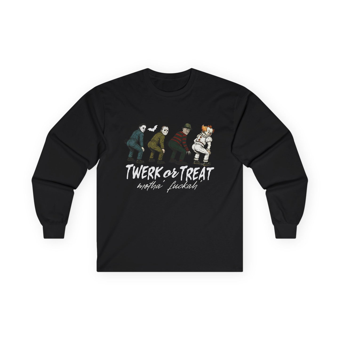 Halloween Themed Unisex Long Sleeve Tee - "Twerk Or Treat Motha' Fuckah'" Horror Movie Theme