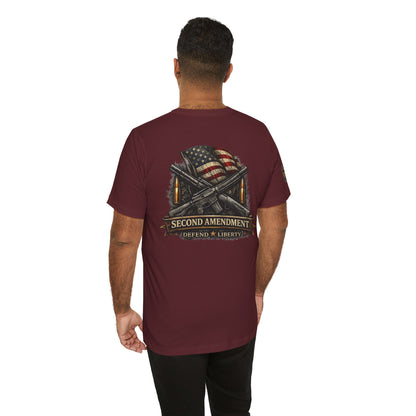 Second Amendment T-Shirt – Defend Liberty Flag & Rifles Graphic Tee