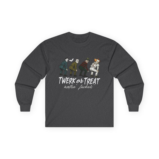 Halloween Themed Unisex Long Sleeve Tee - "Twerk Or Treat Motha' Fuckah'" Horror Movie Theme