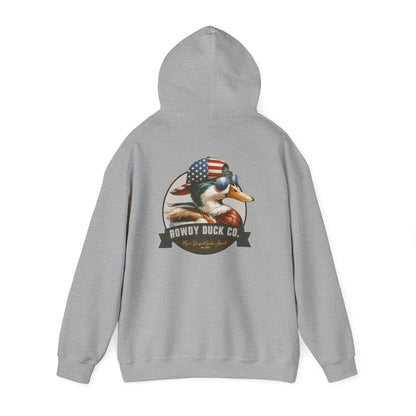 Rowdy Duck Co. Patriotic Duck Hoodie – American Flag Bandana Retro Graphic Hooded Sweatshirt