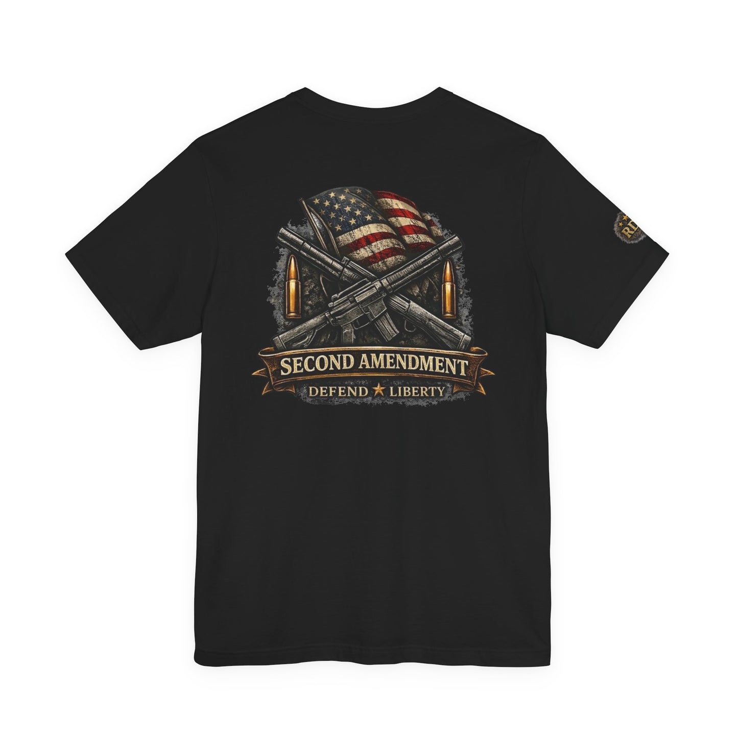 Second Amendment T-Shirt – Defend Liberty Flag & Rifles Graphic Tee