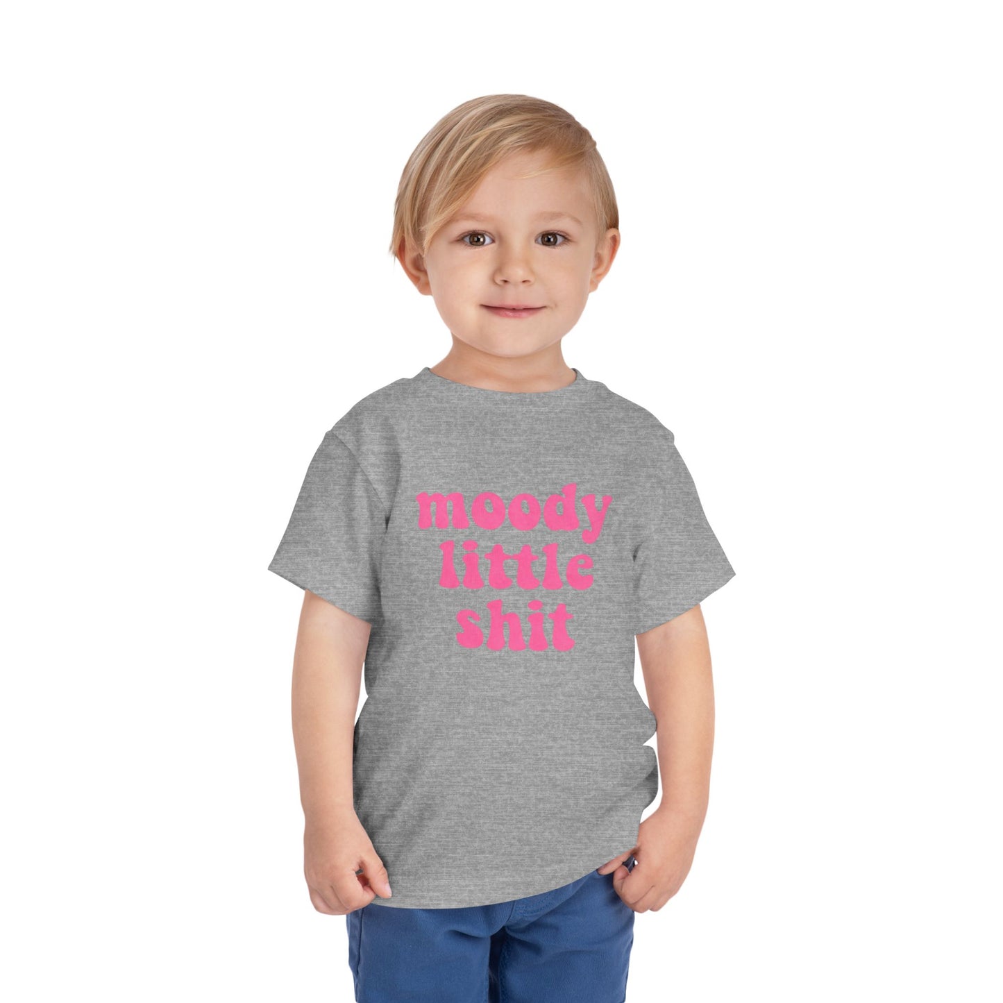 Toddler Tee — "moody little shit" Pink Retro Font