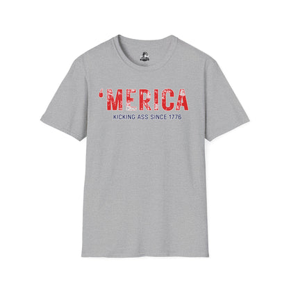 'Merica Kicking Ass T-Shirt | Unisex Softstyle Tee for Patriotic Celebrations, 4th of July, Casual Wear, Gifts, Team Spirit