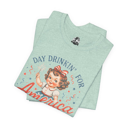 Day Drinkin' for America Unisex Tee, Fun Summer Shirt, Patriotic T-Shirt, Fourth of July Apparel, Gift for BBQ Lovers, Casual Weekend Wear