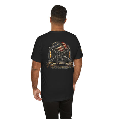 Second Amendment T-Shirt – Defend Liberty Flag & Rifles Graphic Tee