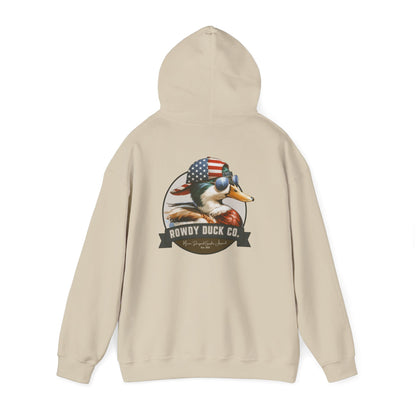 Rowdy Duck Co. Patriotic Duck Hoodie – American Flag Bandana Retro Graphic Hooded Sweatshirt