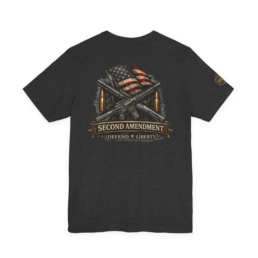 Second Amendment T-Shirt – Defend Liberty Flag & Rifles Graphic Tee