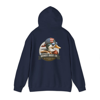 Rowdy Duck Co. Patriotic Duck Hoodie – American Flag Bandana Retro Graphic Hooded Sweatshirt