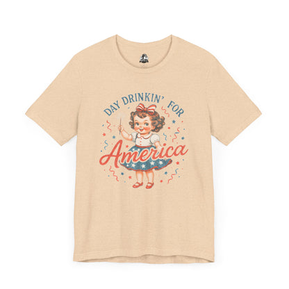 Day Drinkin' for America Unisex Tee, Fun Summer Shirt, Patriotic T-Shirt, Fourth of July Apparel, Gift for BBQ Lovers, Casual Weekend Wear
