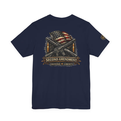 Second Amendment T-Shirt – Defend Liberty Flag & Rifles Graphic Tee