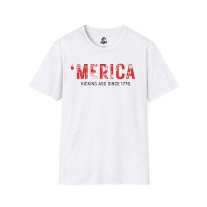 'Merica Kicking Ass T-Shirt | Unisex Softstyle Tee for Patriotic Celebrations, 4th of July, Casual Wear, Gifts, Team Spirit
