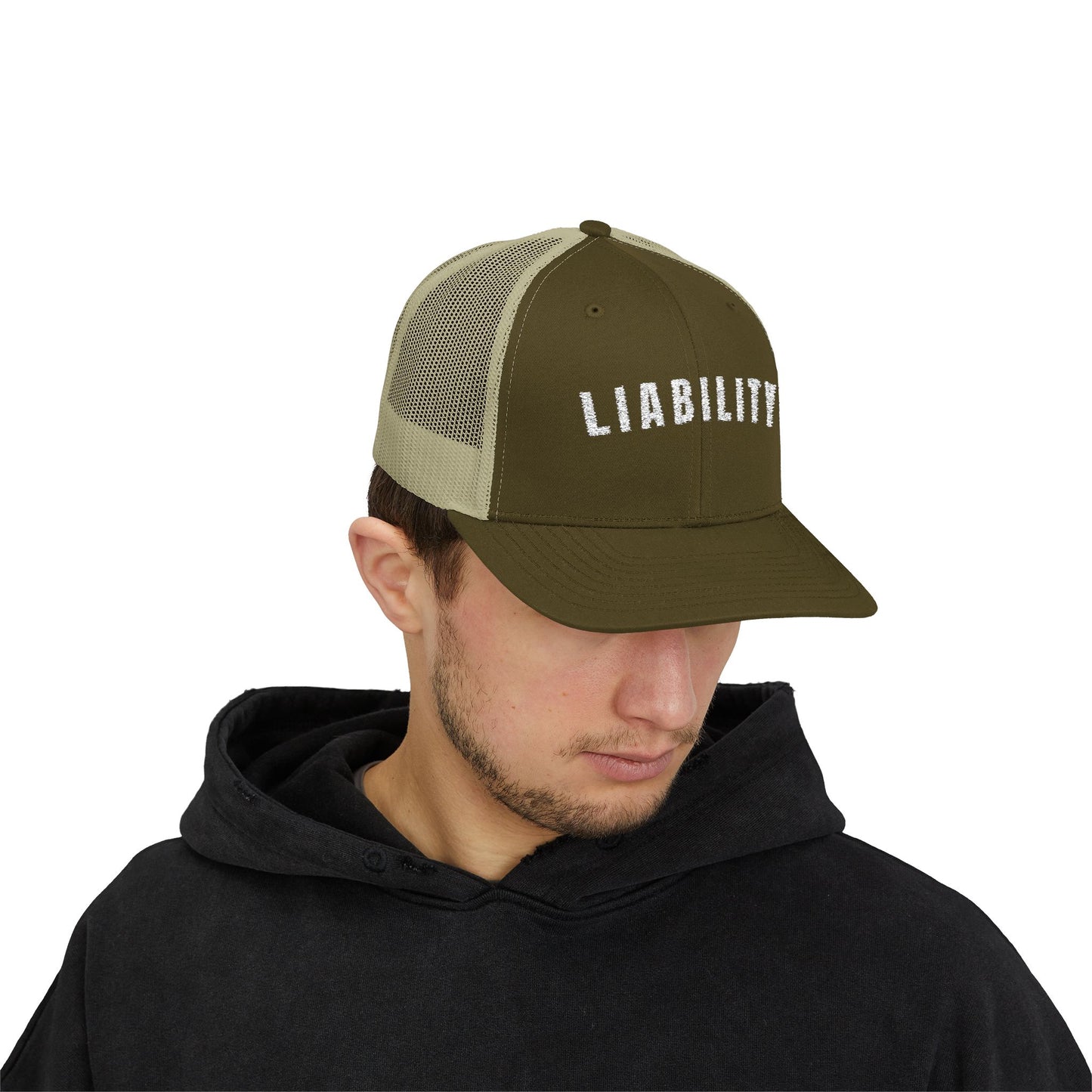 Stylish Snapback Trucker Cap with 'Liability' Text – Trendy Accessory for Everyday Wear, Casual Events, Gifts, Outdoor Activities
